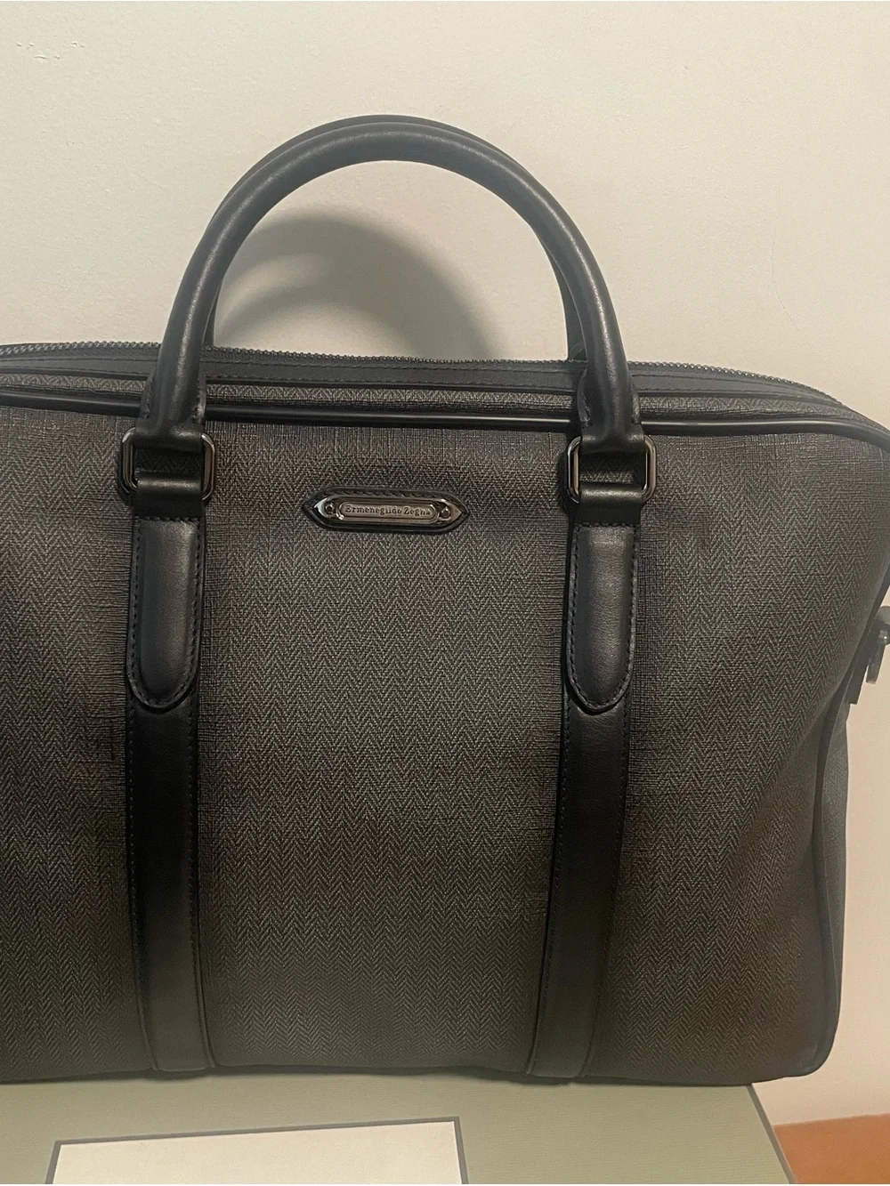 Zegna Black Leather Gradient Laptop Briefcase with strap